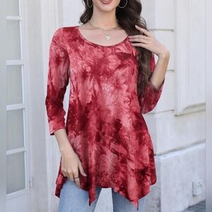 Women's 3/4 Sleeve Casual Flowy Loose Fit Swing Top Tunic, Wine Red Tie Dye, 3X